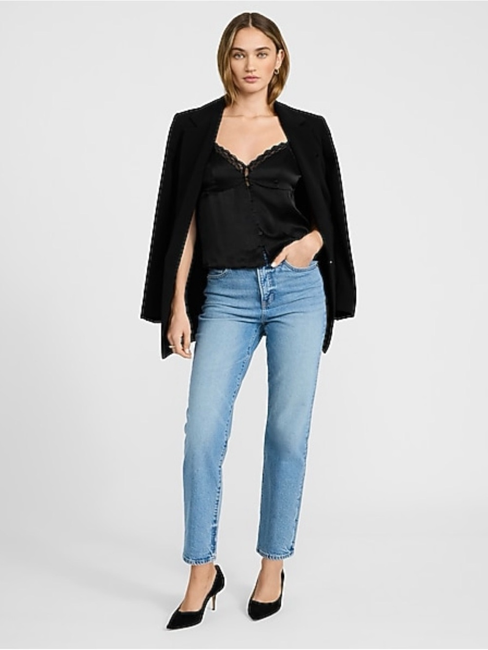 Express Womens High Waisted Light Wash Denim Straight Ankle Jeans